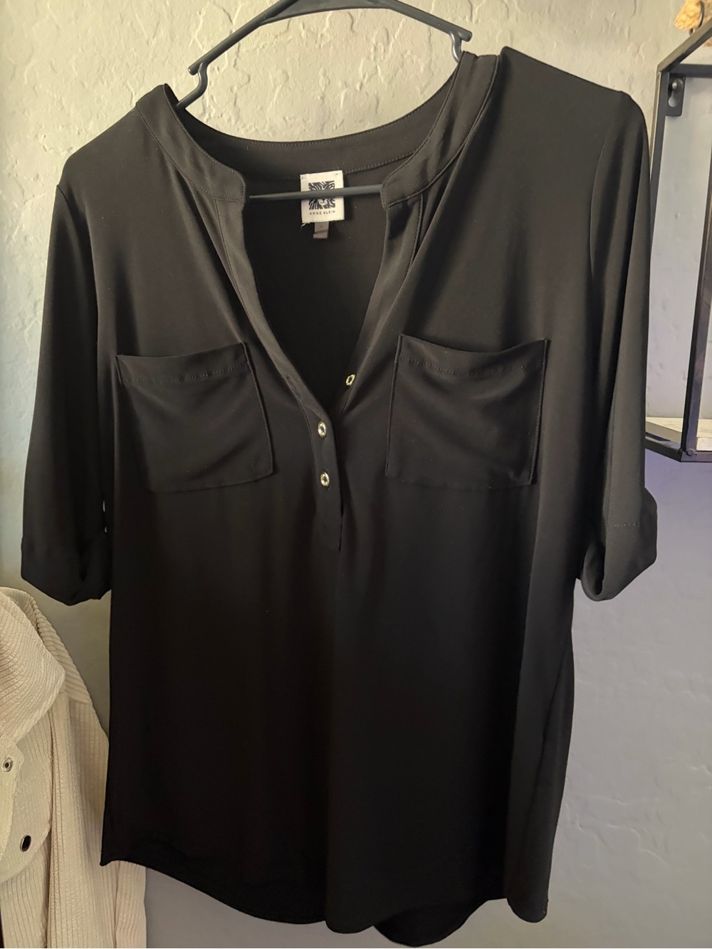 Anne Klein Black Henley Pocket Blouse